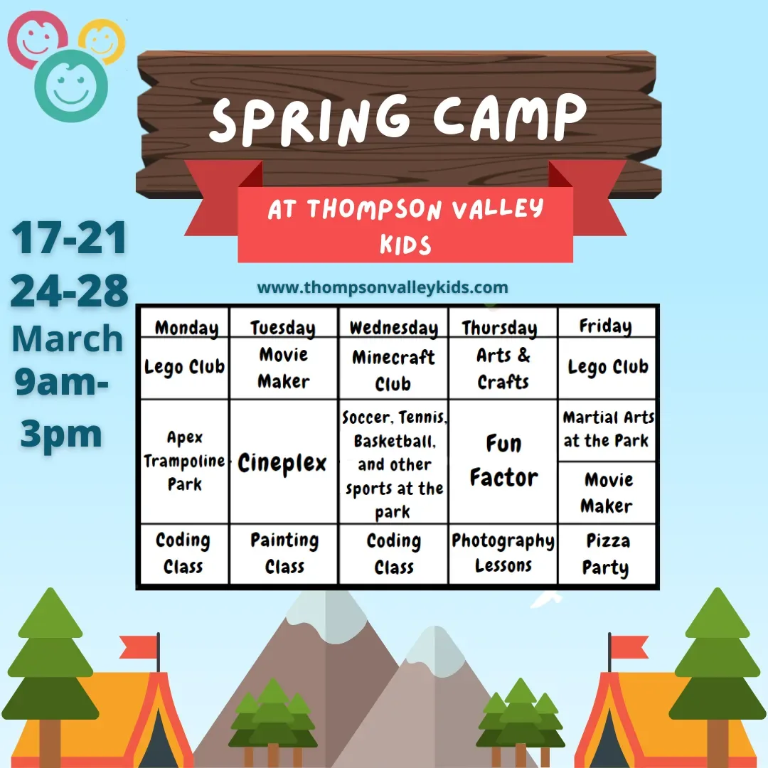 Spring Camp at Thompson Valley Kids poster: March 17-21 and 24-28, 9am to 3pm, with the weekly activity grid