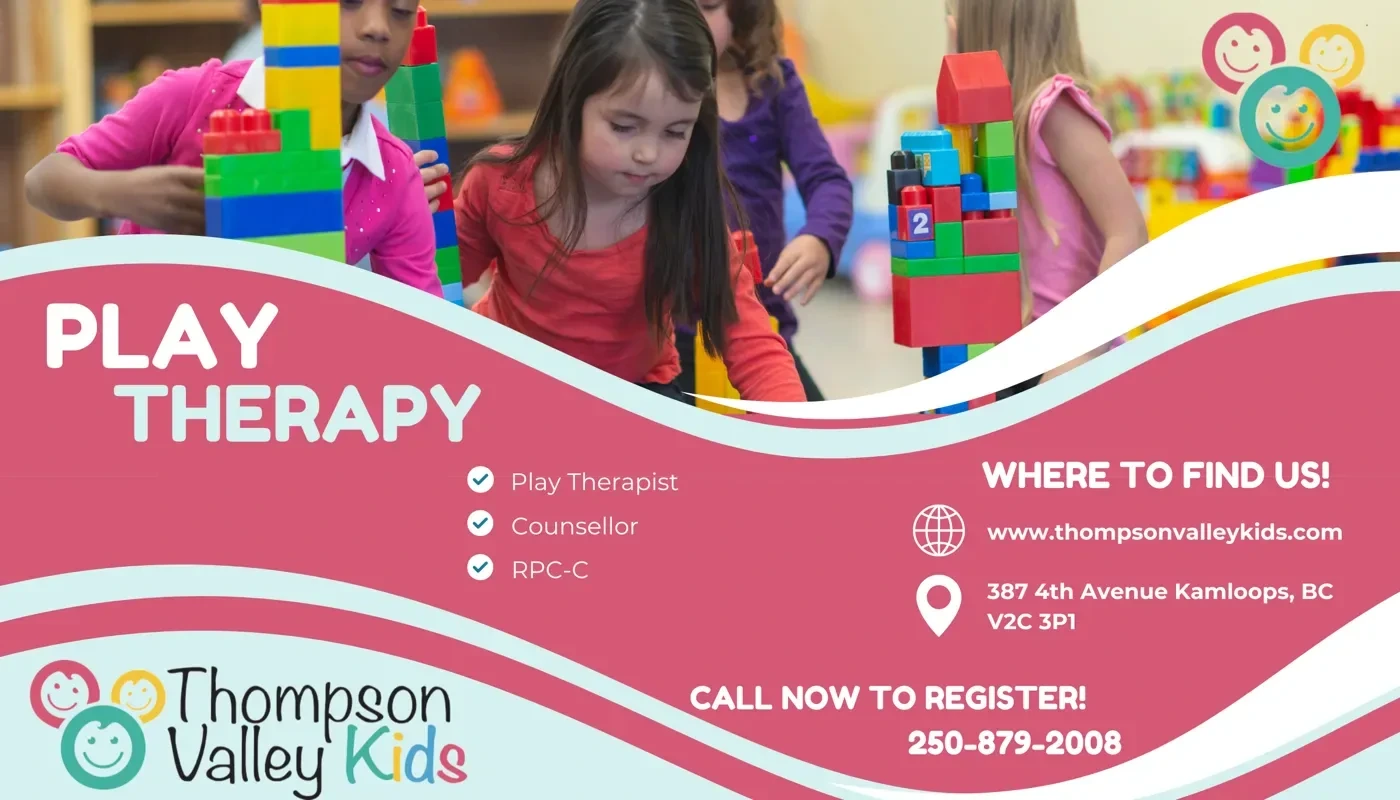 Play Therapy advertisement: Play Therapist, Counsellor, RPC-C. Children building with colourful blocks