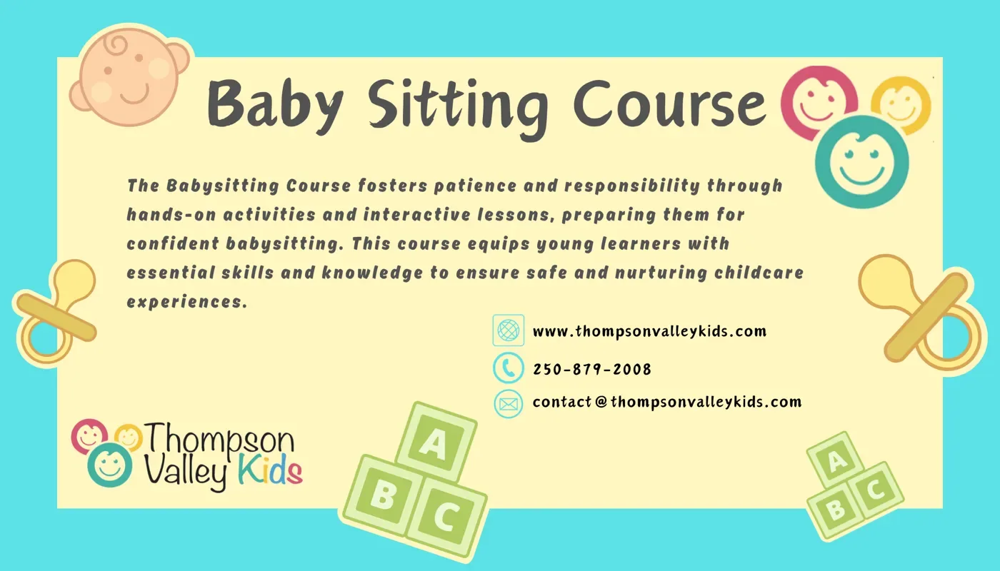 Babysitting Course advertisement with baby blocks and pacifiers