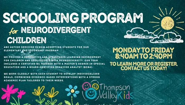 Schooling Program for Neurodivergent Children by ABC Autism Services, Monday to Friday 8:40am to 2:40pm, chalkboard style poster