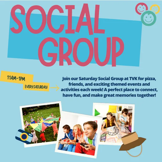 Social Group flyer: every Saturday 11am to 1pm, with pizza, friends and themed events and activities each week