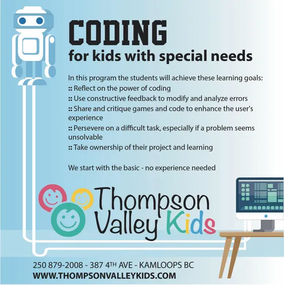 Coding poster for kids with special needs, with the learning goals listed