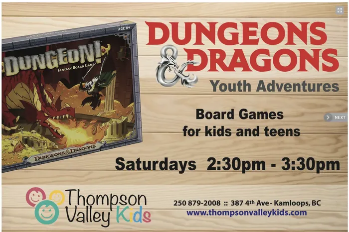 Dungeons and Dragons Youth Adventures flyer: board games for kids and teens, Saturdays 2:30 to 3:30pm, ages 8 and up