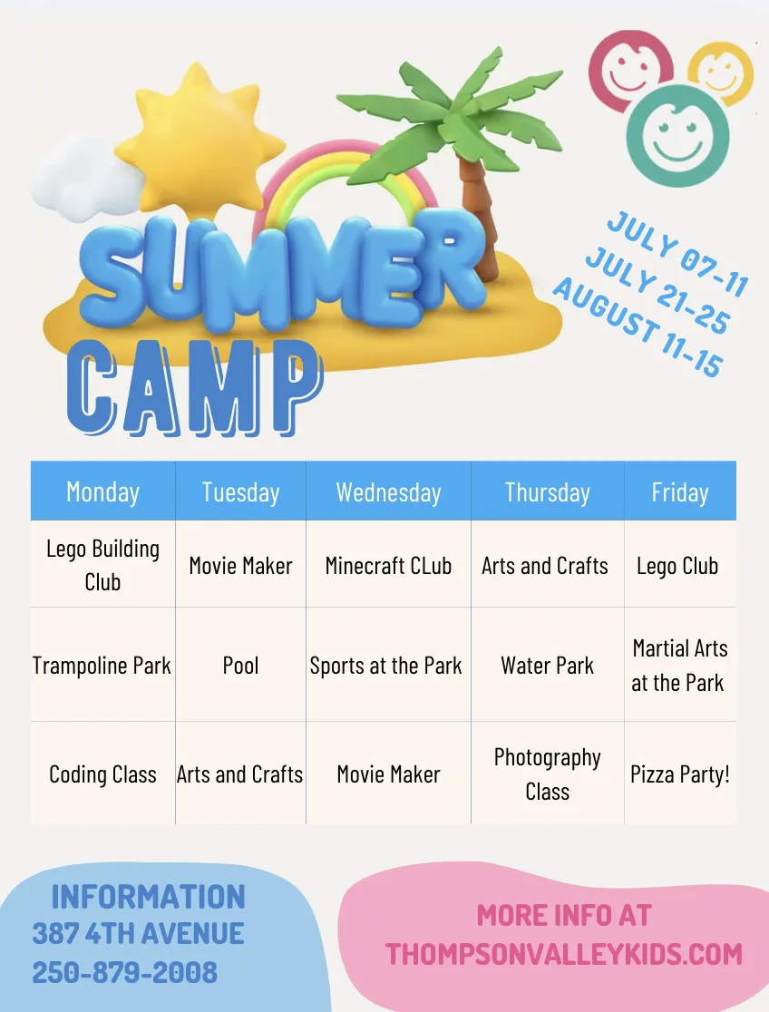 Summer Camp flyer: July 07 to 11, July 21 to 25 and Aug 11 to 15, with the daily schedule from Monday to Friday